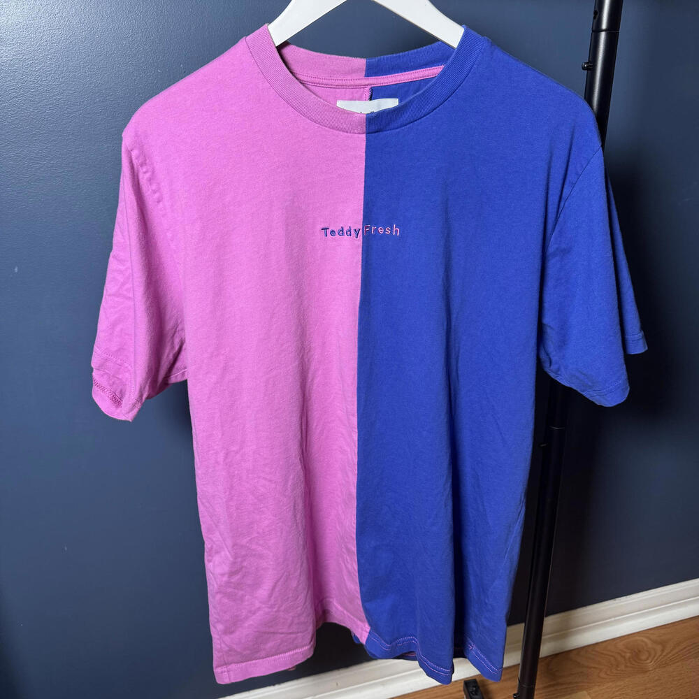 Teddy Fresh Color Block T-Shirt Pink Purple Split Logo XL 100% Cotton